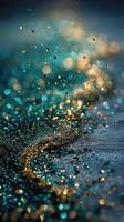 Glimmering particles create a vibrant swirl of color and light in an abstract setting photo
