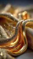 Shimmering golden fabric flows gracefully, reflecting light in soft waves and creating an elegant atmosphere photo