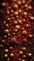 Golden glitter spheres create a magical texture on a red and black background during a festive celebration photo