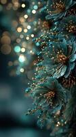 Stunning close-up of intricate teal flowers with golden accents against a blurred bokeh background during evening light photo