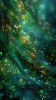 Abstract swirl of shimmering green and gold particles creating a cosmic atmosphere in a deep space setting photo