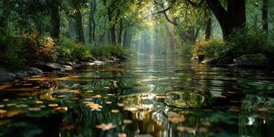 Serene forest stream reflecting sunlight during autumn with colorful leaves floating on water photo