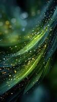 Vibrant green wave with shimmering particles in abstract design during a tranquil evening photo