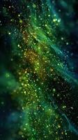 Colorful cosmic swirl with vibrant green and gold particles in a dark space background photo