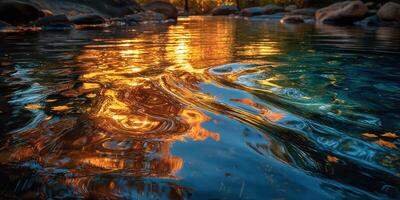 Reflections of autumn colors on a calm river at sunset in a serene natural setting photo