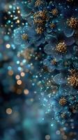 Delicate blue flowers with golden details create a mesmerizing effect against a glowing background photo