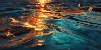 Sparkling water reflects golden sunlight at seaside with vibrant colors during sunset photo