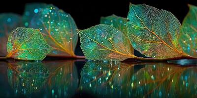 Translucent leaves reflecting light in a serene environment during twilight hours photo