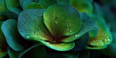 Dew-covered green leaves in a lush garden after a rain shower showcasing vibrant colors and intricate textures photo