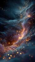 Visual representation of a cosmic landscape filled with swirling clouds and sparkling stars in deep space photo