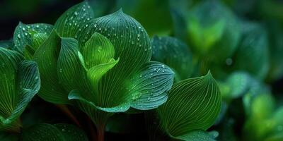 Close-up view of vibrant green leaves adorned with water droplets after rainfall in a lush garden photo