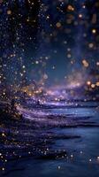 Magical sparkle waves illuminate a tranquil night landscape near a serene body of water photo