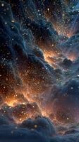 Cosmic clouds illuminated by golden starlight emerge in a vibrant night sky display of celestial beauty photo