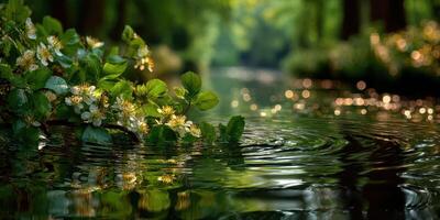 Flowers and shimmering water create a serene landscape in a green forest during calm spring afternoons photo