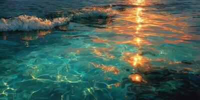 Serene sunset reflecting on gentle ocean waves creating a tranquil atmosphere in a coastal setting photo