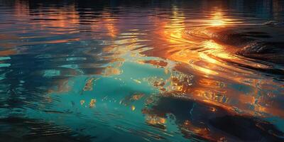 Reflections of sunset hues on calm water creating a serene atmosphere in the evening photo