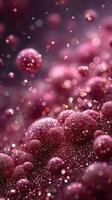Vibrant clusters of sparkling bubbles create a mesmerizing visual display in shades of pink and purple against a softly blurred background photo