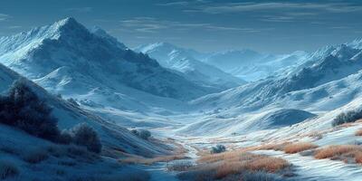 Snow-covered mountain landscape under a clear sky at dawn with soft light illuminating the scene photo