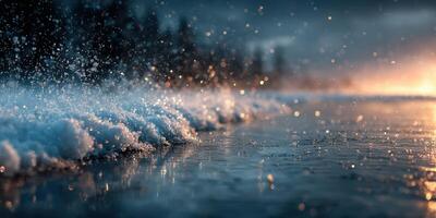 Waves crash on the shore as raindrops create a misty atmosphere during sunset at the beach photo