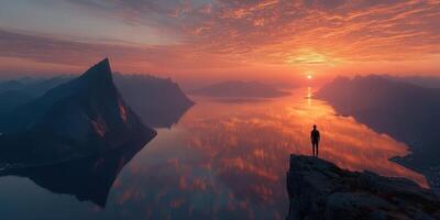 Sunset view from a mountain peak overlooking a calm lake with reflections and a solitary figure in the foreground photo