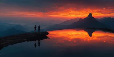 Stunning sunset reflection at mountain lake with photographers capturing the moment photo