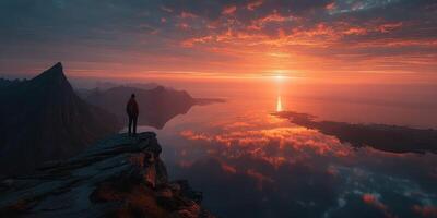 Majestic sunset viewed from a mountaintop overlooking serene water and expansive landscape in Norway during twilight photo