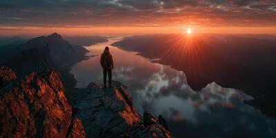 Sunset view from a mountain peak overlooking water and landscape in Norway during the evening hours photo