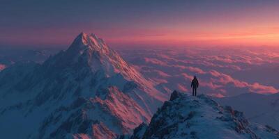 Majestic mountains under a vibrant sunset with a solitary hiker enjoying the breathtaking view photo