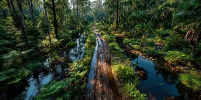 Lush green landscape with winding river and muddy path in tranquil forest during late afternoon sunlight photo