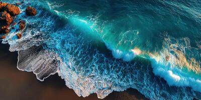 Waves crashing on a sandy beach at sunset capturing the beauty of nature and the ocean's power photo