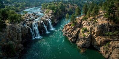Majestic waterfall cascades into turquoise river surrounded by lush greenery in tranquil natural setting at midday photo