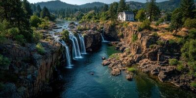 Majestic waterfalls cascading into a serene river surrounded by lush greenery in a tranquil landscape setting photo