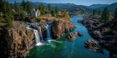 Majestic waterfall cascades into turquoise river surrounded by lush green trees in a picturesque landscape photo