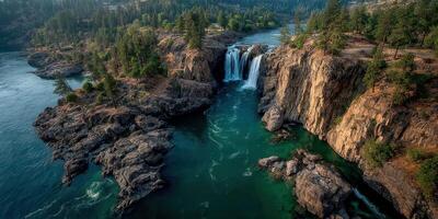 Majestic waterfall cascading into turquoise river surrounded by rocky cliffs and lush greenery in a serene nature setting photo