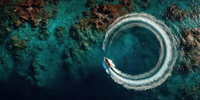 Boater makes a perfect circle in a clear blue lagoon surrounded by coral reefs during a sunny day photo