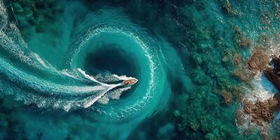 Boat creates swirling wake in clear turquoise waters near rocky shoreline in sunny weather photo