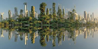 City skyline mirrored in still water reflecting modern architecture and greenery during daylight photo