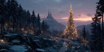 Winter landscape with glowing Christmas tree and distant castle during dusk in a snowy forest photo