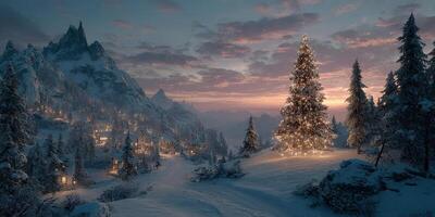 Winter landscape with a decorated Christmas tree set against a snow-covered village at dusk photo