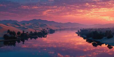 Majestic sunset over a tranquil river and desert landscape with palm trees reflecting on calm waters photo