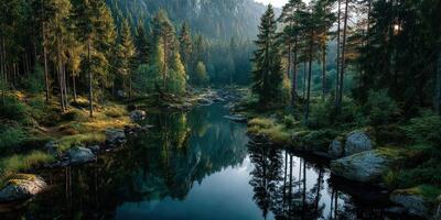 Tranquil forest landscape with a mirror-like lake reflecting tall trees at dawn photo