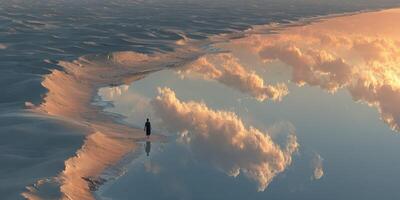 Reflections of clouds and a lone figure walking along a serene water edge at sunset in an expansive landscape photo