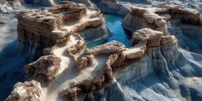 Stunning rock formations and winding paths in a remote desert landscape during golden hour photo