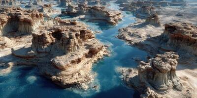 Stunning aerial view showcases rugged rock formations and shimmering water in a remote desert landscape photo