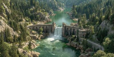 Majestic waterfall cascading over old dam surrounded by lush green forests and mountains in serene landscape photo