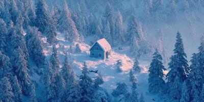 Cozy cabin surrounded by snow-covered trees in a tranquil winter landscape photo