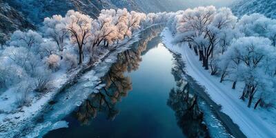 Winter landscape showcasing a frozen river and frosted trees in a serene natural setting photo