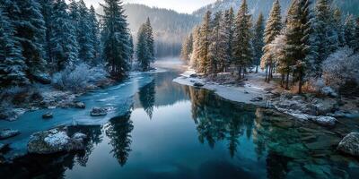 Tranquil winter landscape with snow-covered trees reflecting in calm river at dawn photo