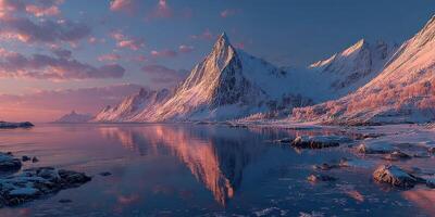 Majestic snowy mountain range reflecting in still waters at dawn in northern landscape photo