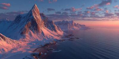 Majestic mountain range meets tranquil sea at sunset in northern Norway with vibrant colors illuminating the landscape photo